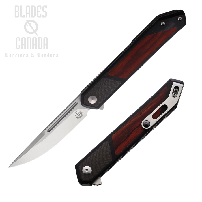 Begg Knives Kwaiken Flipper Folding Knife, D2 Satin, Carbon Fiber/G10 Black/Wood Inlay, BG017